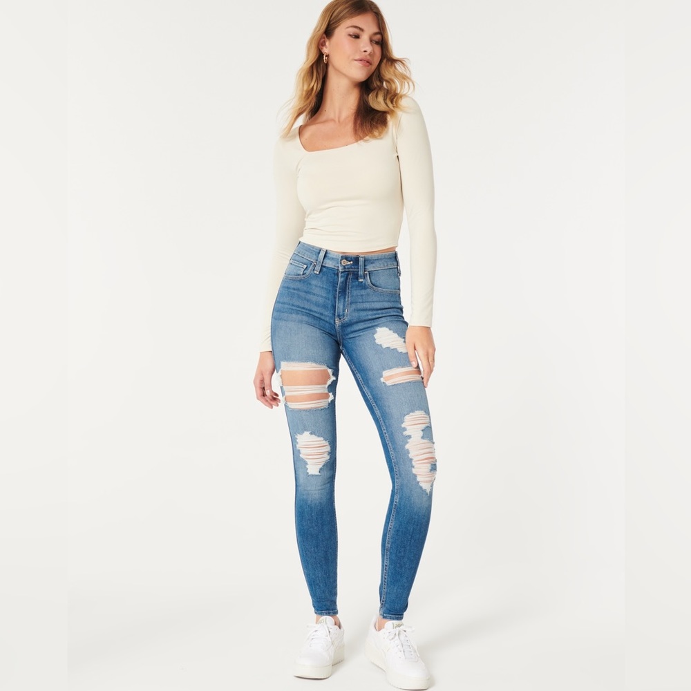 Hollister High Rise Crop Super Skinny Jeans Distressed Raw Hem 25” - Picture 1 of 17